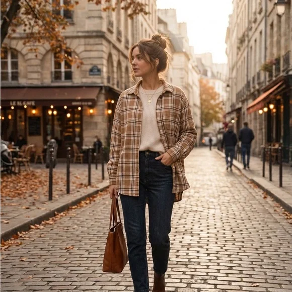 LOFT Plaid Flannel Button Down Shirt Brown Tan Cozy Oversized S - Picture 5 of 8